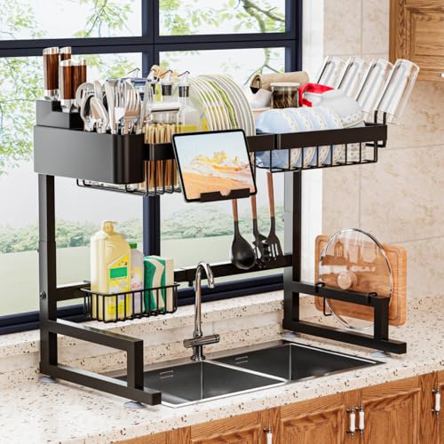ilvvan Over Sink Dish Drying Rack (Expandable Height/Length) Snap-On Design Large Dish Drainer Storage Counter Organizer 24" - 35.5"(L) x 12"(W) x 19" - 22"(H) - My Kitchen Products