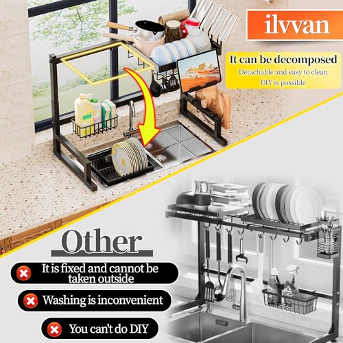 ilvvan Over Sink Dish Drying Rack (Expandable Height/Length) Snap-On Design Large Dish Drainer Storage Counter Organizer 24" - 35.5"(L) x 12"(W) x 19" - 22"(H) - My Kitchen Products