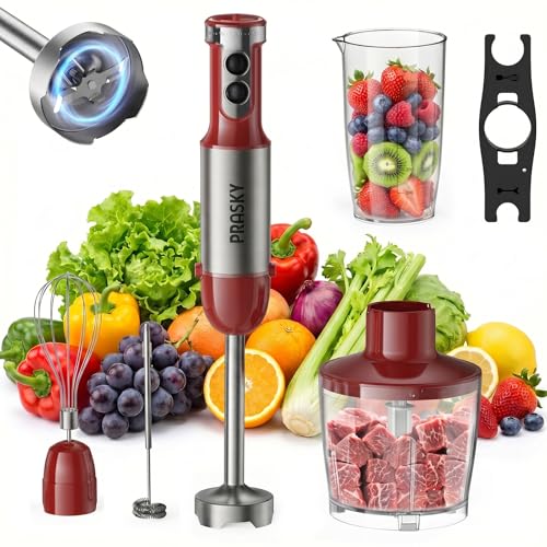 Immersion Blender Handheld 1200W, 5-in-1 Hand Blenders, 20 Speeds Hand Mixer, Stainless Steel Blades, Milk Frother Wand, Whisk, Beaker, Suitable for Kitchen, Protein Shakes and Baby Food (Red) - My Kitchen Products
