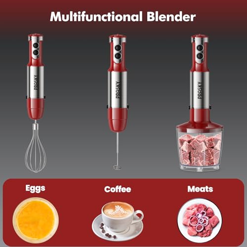 Immersion Blender Handheld 1200W, 5-in-1 Hand Blenders, 20 Speeds Hand Mixer, Stainless Steel Blades, Milk Frother Wand, Whisk, Beaker, Suitable for Kitchen, Protein Shakes and Baby Food (Red) - My Kitchen Products
