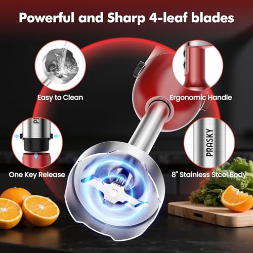 Immersion Blender Handheld 1200W, 5-in-1 Hand Blenders, 20 Speeds Hand Mixer, Stainless Steel Blades, Milk Frother Wand, Whisk, Beaker, Suitable for Kitchen, Protein Shakes and Baby Food (Red) - My Kitchen Products
