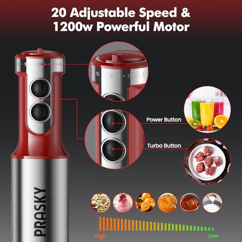 Immersion Blender Handheld 1200W, 5-in-1 Hand Blenders, 20 Speeds Hand Mixer, Stainless Steel Blades, Milk Frother Wand, Whisk, Beaker, Suitable for Kitchen, Protein Shakes and Baby Food (Red) - My Kitchen Products