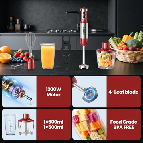 Immersion Blender Handheld 1200W, 5-in-1 Hand Blenders, 20 Speeds Hand Mixer, Stainless Steel Blades, Milk Frother Wand, Whisk, Beaker, Suitable for Kitchen, Protein Shakes and Baby Food (Red) - My Kitchen Products
