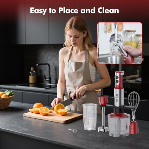 Immersion Blender Handheld 1200W, 5-in-1 Hand Blenders, 20 Speeds Hand Mixer, Stainless Steel Blades, Milk Frother Wand, Whisk, Beaker, Suitable for Kitchen, Protein Shakes and Baby Food (Red) - My Kitchen Products