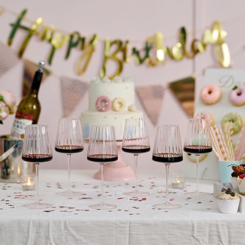 Imourari Ribbed Wine Glasses Set of 6: 13.5oz Cute Hand Blown Lead-Free Crystal Long Stem Red Wines Cups for Wedding Party Birthday - My Kitchen Products