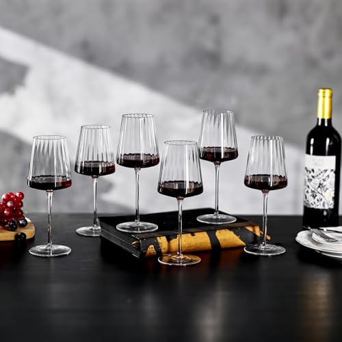 Imourari Ribbed Wine Glasses Set of 6: 13.5oz Cute Hand Blown Lead-Free Crystal Long Stem Red Wines Cups for Wedding Party Birthday - My Kitchen Products