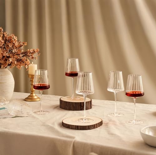 Imourari Ribbed Wine Glasses Set of 6: 13.5oz Cute Hand Blown Lead-Free Crystal Long Stem Red Wines Cups for Wedding Party