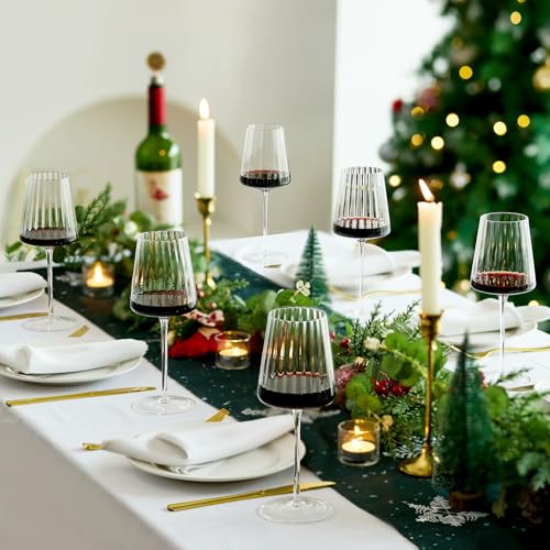 Imourari Ribbed Wine Glasses Set of 6: 13.5oz Cute Hand Blown Lead-Free Crystal Long Stem Red Wines Cups for Wedding Party Birthday - My Kitchen Products