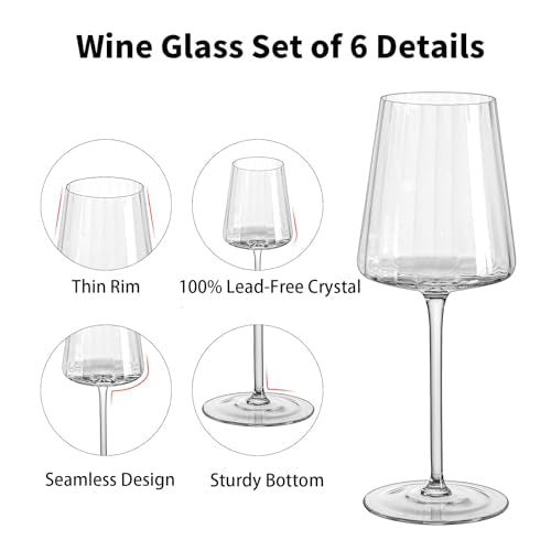 Imourari Ribbed Wine Glasses Set of 6: 13.5oz Cute Hand Blown Lead-Free Crystal Long Stem Red Wines Cups for Wedding Party Birthday - My Kitchen Products