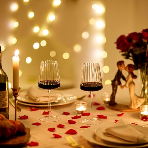 Imourari Ribbed Wine Glasses Set of 6: 13.5oz Cute Hand Blown Lead-Free Crystal Long Stem Red Wines Cups for Wedding Party Birthday - My Kitchen Products