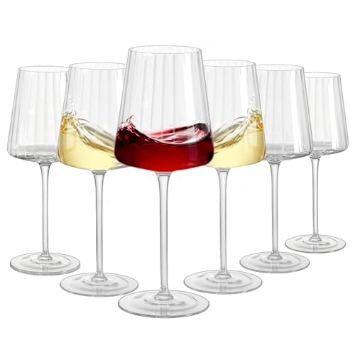 Imourari Ribbed Wine Glasses Set of 6: 13.5oz Cute Hand Blown Lead-Free Crystal Long Stem Red Wines Cups for Wedding Party Birthday - My Kitchen Products