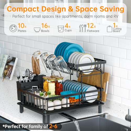 IMXSUMDA Dish Drying Rack, 2 Tier Dish Racks for Kitchen Counter, Compact Drying Rack Kitchen, Rust-Resistant Dish Drainer, Detachable Space-Saving Dish Rack with Drainboard, Utensil Holder, Black - My Kitchen Products
