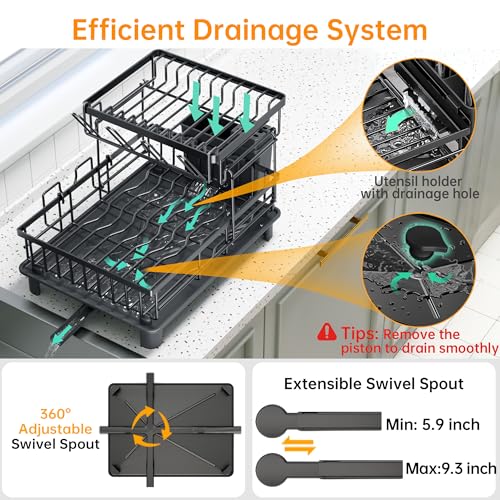 IMXSUMDA Dish Drying Rack, 2 Tier Dish Racks for Kitchen Counter, Compact Drying Rack Kitchen, Rust-Resistant Dish Drainer, Detachable Space-Saving Dish Rack with Drainboard, Utensil Holder, Black - My Kitchen Products