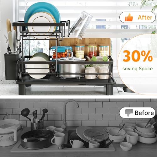 IMXSUMDA Dish Drying Rack, 2 Tier Dish Racks for Kitchen Counter, Compact Drying Rack Kitchen, Rust-Resistant Dish Drainer, Detachable Space-Saving Dish Rack with Drainboard, Utensil Holder, Black - My Kitchen Products