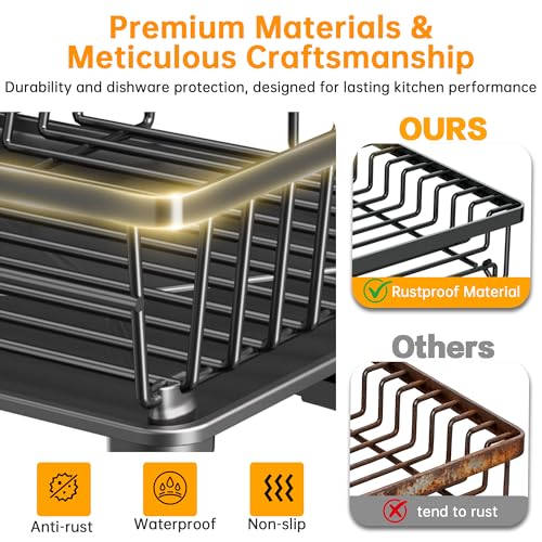 IMXSUMDA Dish Drying Rack, 2 Tier Dish Racks for Kitchen Counter, Compact Drying Rack Kitchen, Rust-Resistant Dish Drainer, Detachable Space-Saving Dish Rack with Drainboard, Utensil Holder, Black - My Kitchen Products