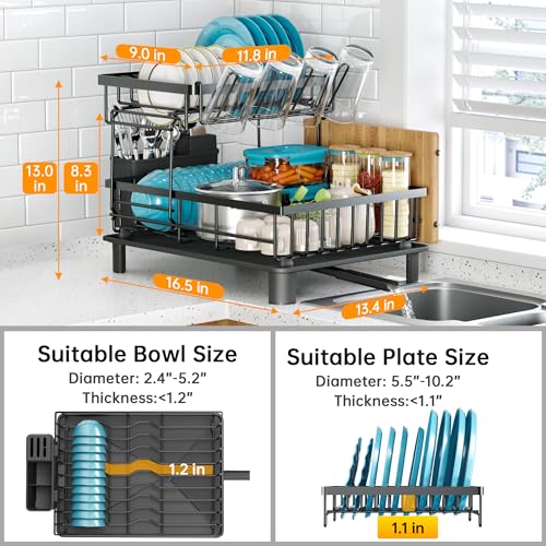 IMXSUMDA Dish Drying Rack, 2 Tier Dish Racks for Kitchen Counter, Compact Drying Rack Kitchen, Rust-Resistant Dish Drainer, Detachable Space-Saving Dish Rack with Drainboard, Utensil Holder, Black - My Kitchen Products