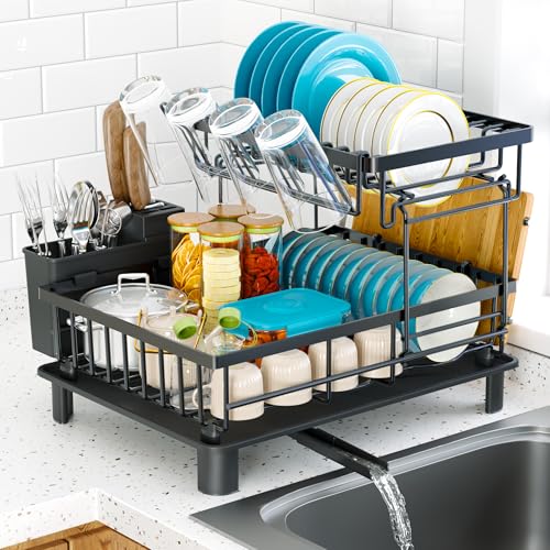 IMXSUMDA Dish Drying Rack, 2 Tier Dish Racks for Kitchen Counter, Compact Drying Rack Kitchen, Rust-Resistant Dish Drainer, Detachable Space-Saving Dish Rack with Drainboard, Utensil Holder, Black - My Kitchen Products