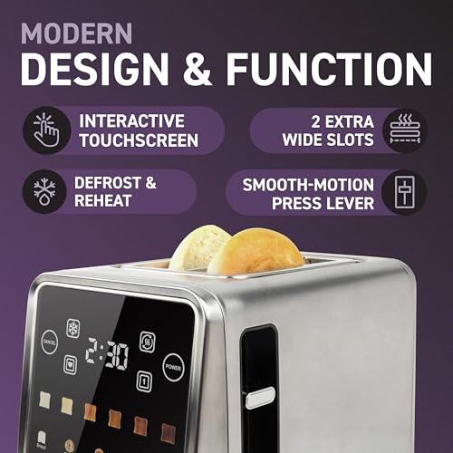 Inspirex Touch Screen Toaster - 2 Slice Extra-Wide Slots - 5 Bread Type and 6 Browning Levels - Defrost, Reheat, Favorite, Single Slot Settings - Stainless Steel - My Kitchen Products