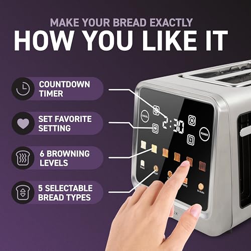 Inspirex Touch Screen Toaster - 2 Slice Extra-Wide Slots - 5 Bread Type and 6 Browning Levels - Defrost, Reheat, Favorite, Single Slot Settings - Stainless Steel - My Kitchen Products