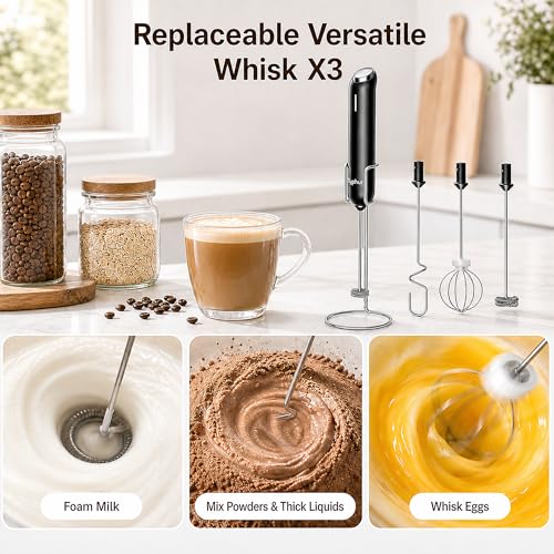 InstaWhisk Upgraded Milk Frother with Variable Speed - Rechargeable Handheld Coffee Frother Wand with Detachable Whisks, Electric Drink Mixer for Latte, Cappuccino, Matcha, Almond Milk, Protein, Black - My Kitchen Products