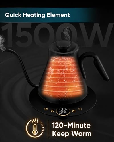 INTASTING Gooseneck Electric Kettle with ±1℉ Temperature Control for Pour Over Coffee & Tea, Quick Heating, BPA-Free Stainless Steel, Built-in Brew Timer, 1500W/0.9L (Ebony Black) - My Kitchen Products
