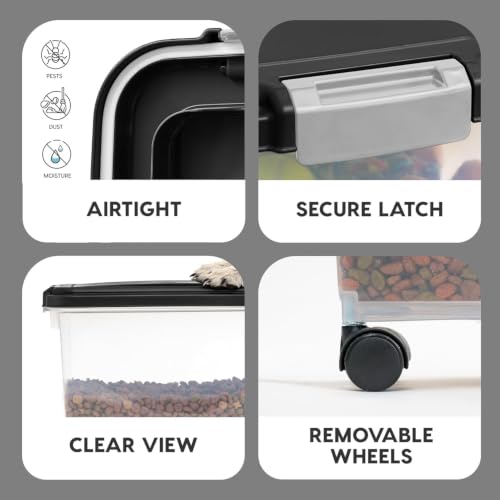 IRIS USA Airtight Dog Food Storage Container, Up to 54 lbs, Attachable Wheels, For Dog Cat Bird and Other Pet Food Storage Bin, Keep Fresh, Translucent Body, Easy Mobility, Black - My Kitchen Products