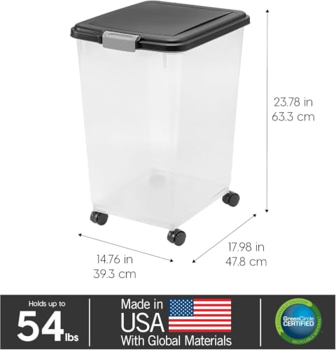IRIS USA Airtight Dog Food Storage Container, Up to 54 lbs, Attachable Wheels, For Dog Cat Bird and Other Pet Food Storage Bin, Keep Fresh, Translucent Body, Easy Mobility, Black - My Kitchen Products