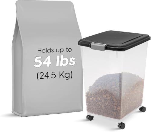 IRIS USA Airtight Dog Food Storage Container, Up to 54 lbs, Attachable Wheels, For Dog Cat Bird and Other Pet Food Storage Bin, Keep Fresh, Translucent Body, Easy Mobility, Black - My Kitchen Products