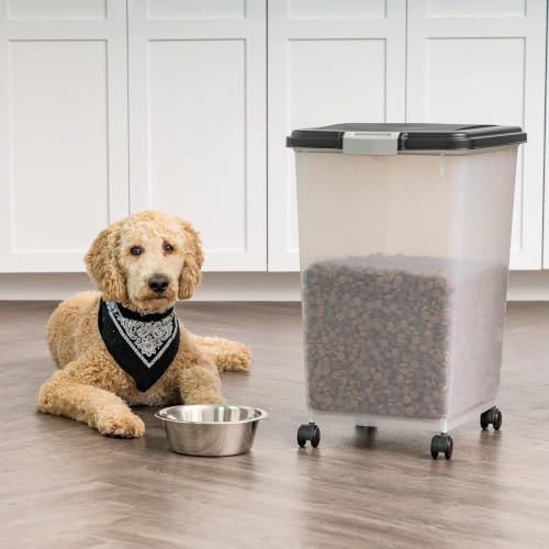 IRIS USA Airtight Dog Food Storage Container, Up to 54 lbs, Attachable Wheels, For Dog Cat Bird and Other Pet Food Storage Bin, Keep Fresh, Translucent Body, Easy Mobility, Black - My Kitchen Products