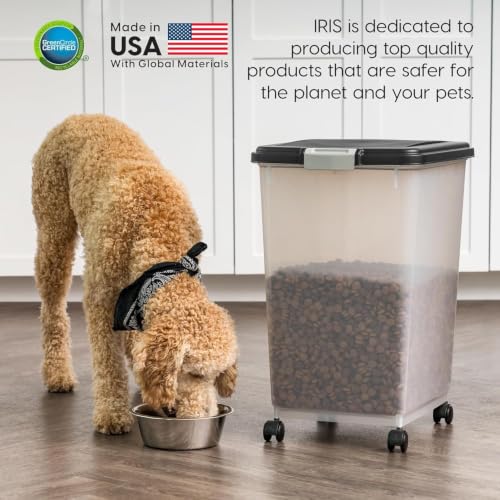 IRIS USA Airtight Dog Food Storage Container, Up to 54 lbs, Attachable Wheels, For Dog Cat Bird and Other Pet Food Storage Bin, Keep Fresh, Translucent Body, Easy Mobility, Black - My Kitchen Products