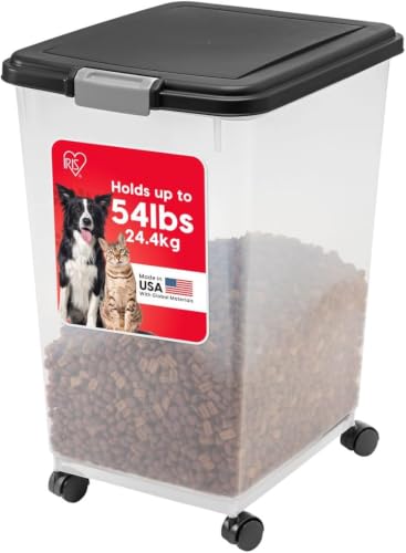 IRIS USA Airtight Dog Food Storage Container, Up to 54 lbs, Attachable Wheels, For Dog Cat Bird and Other Pet Food Storage Bin, Keep Fresh, Translucent Body, Easy Mobility, Black - My Kitchen Products