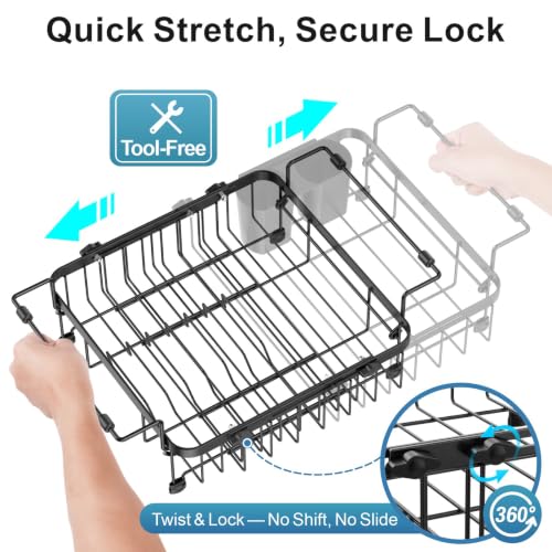 iSPECLE Dish Drying Rack Over the Sink, Expandable Dish Drainer for Small Kitchen, Apartment, RV, Dish Strainer with Utensil Holder and Twist-Lock, Space Saving, Black - My Kitchen Products