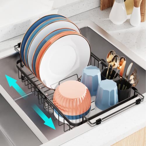iSPECLE Dish Drying Rack Over the Sink, Expandable Dish Drainer for Small Kitchen, Apartment, RV, Dish Strainer with Utensil Holder and Twist-Lock, Space Saving, Black - My Kitchen Products