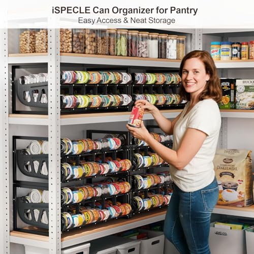 iSPECLE Expandable Can Organizer for Pantry, Large Capacity 60 Cans Can Storage Organizer Pantry Rack, Auto Rolling Dispenser & Stackable Metal Wire Holder for Deep Pantry Shelves, Black - My Kitchen Products