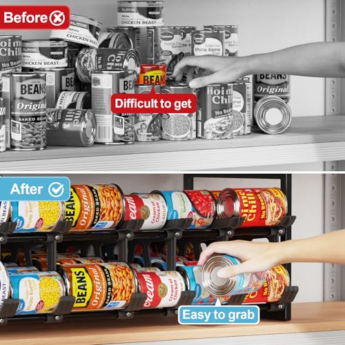 iSPECLE Expandable Can Organizer for Pantry, Large Capacity 60 Cans Can Storage Organizer Pantry Rack, Auto Rolling Dispenser & Stackable Metal Wire Holder for Deep Pantry Shelves, Black - My Kitchen Products