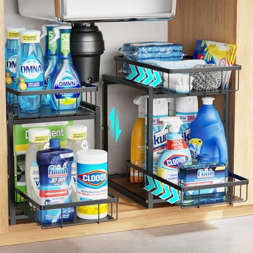 iSPECLE Under Kitchen Sink Organizer - 2 Tier Pull Out Shelf, 2 Pack