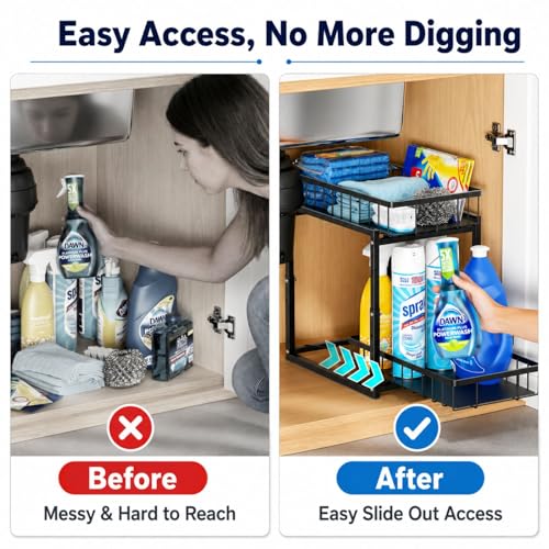 iSPECLE Under Kitchen Sink Organizer - 2 Tier Pull Out Shelf, 2 Pack - My Kitchen Products