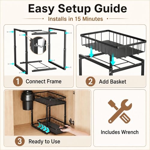 iSPECLE Under Kitchen Sink Organizer - 2 Tier Pull Out Shelf, 2 Pack - My Kitchen Products