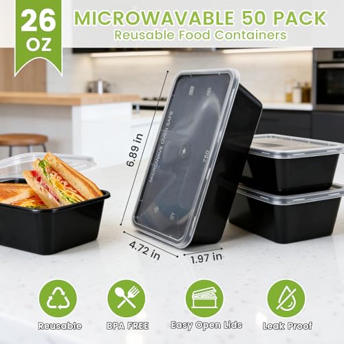 IUMÉ 50-Pack Meal Prep Containers, 26 OZ Microwavable Reusable Food Containers with Lids for Food Prepping, Disposable Lunch Boxes, Plastic Food Boxes- Stackable, Freezer Dishwasher Healthy - My Kitchen Products