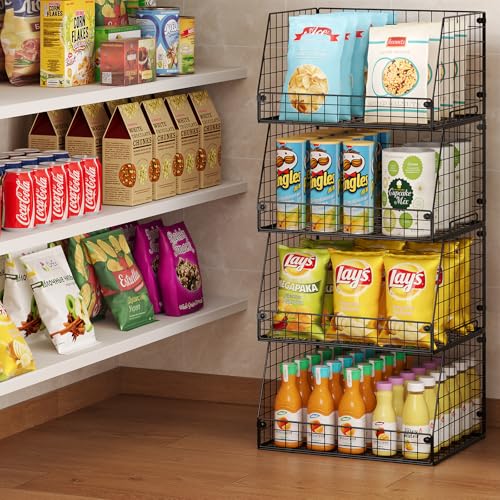 Jakyitvi 4 Pack XXL Stackable Wire Storage Basket, Extra Large Capacity Pantry Organizer and Storage, Muti-Purpose for Vegetable Fruit Basket & Can Organizer & Snack Rack & Metal Pantry Bin - My Kitchen Products