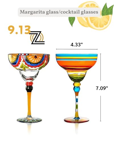JanYoo Hand Painted Margarita Glasses, Set of 2 Cocktail Cups Champagne Glass Decorations for Cinco de Mayo Parties, Dessert Champagne Glasses Margarita Gifts for Tropical Party Supplies(9 oz) - My Kitchen Products