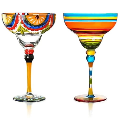 JanYoo Hand Painted Margarita Glasses, Set of 2 Cocktail Cups Champagne Glass Decorations for Cinco de Mayo