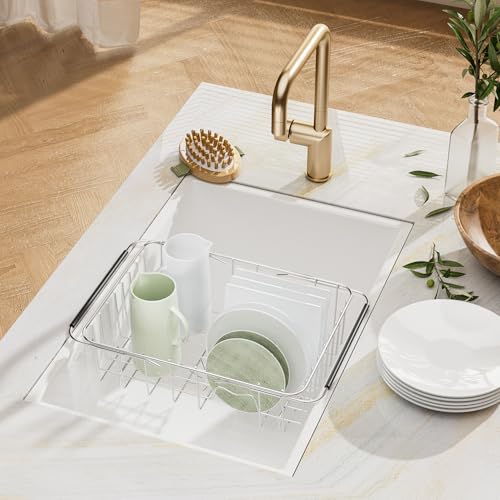 JAQ Over Sink Dish Drying Rack, Expandable 14.96"–22.44" Adjustable Dish Rack for Kitchen Sink, 304 Stainless Steel Dish Drainer with Utensil Holder, Space Saving for Most Standard Kitchen Sinks - My Kitchen Products