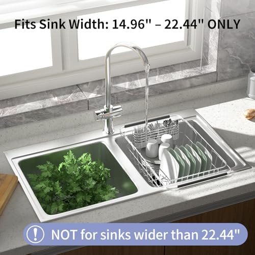 JAQ Over Sink Dish Drying Rack, Expandable 14.96"–22.44" Adjustable Dish Rack for Kitchen Sink, 304 Stainless Steel Dish Drainer with Utensil Holder, Space Saving for Most Standard Kitchen Sinks - My Kitchen Products