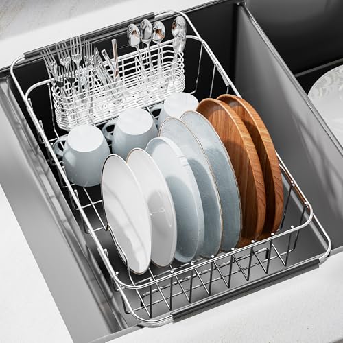 JAQ Over Sink Dish Drying Rack, Expandable 14.96"–22.44" Adjustable Dish Rack for Kitchen Sink, 304 Stainless Steel Dish Drainer with Utensil Holder, Space Saving for Most Standard Kitchen Sinks - My Kitchen Products