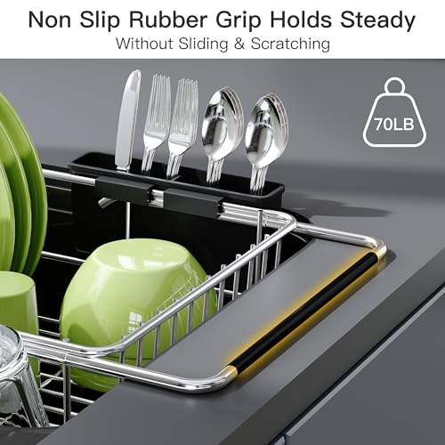 JASIWAY Dish Drying Rack in Sink, Expandable Stainless Steel Dish Drainers for Kitchen Counter, Dish Dryer Rack for Inside Sink, Over The Sink Dish Racks with Utensil Holder, Silver - My Kitchen Products