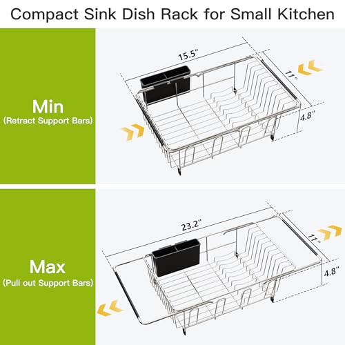 JASIWAY Dish Drying Rack in Sink, Expandable Stainless Steel Dish Drainers for Kitchen Counter, Dish Dryer Rack for Inside Sink, Over The Sink Dish Racks with Utensil Holder, Silver - My Kitchen Products