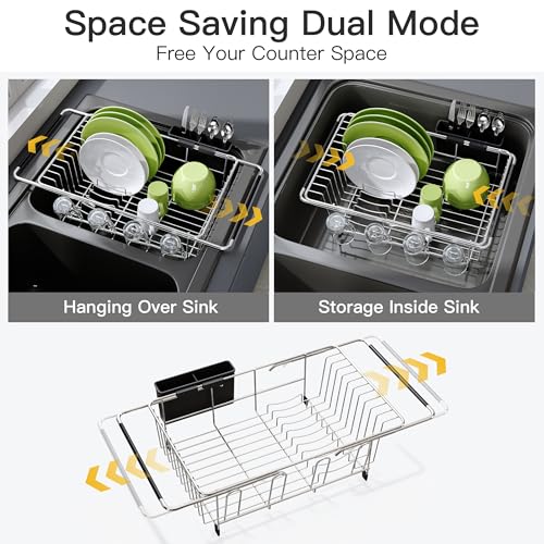 JASIWAY Dish Drying Rack in Sink, Expandable Stainless Steel Dish Drainers for Kitchen Counter, Dish Dryer Rack for Inside Sink, Over The Sink Dish Racks with Utensil Holder, Silver - My Kitchen Products