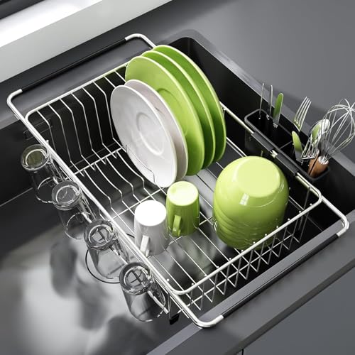 JASIWAY Dish Drying Rack in Sink, Expandable Stainless Steel Dish Drainers for Kitchen Counter, Dish Dryer Rack for Inside Sink, Over The Sink Dish Racks with Utensil Holder, Silver - My Kitchen Products