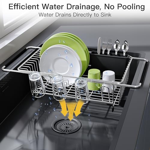 JASIWAY Dish Drying Rack in Sink, Expandable Stainless Steel Dish Drainers for Kitchen Counter, Dish Dryer Rack for Inside Sink, Over The Sink Dish Racks with Utensil Holder, Silver - My Kitchen Products